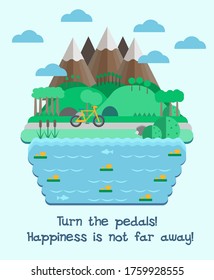 Design template for greeting card, poster, banner. Cycling among the mountains. Motivational inscription. Vector illustration.