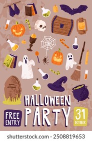 Design template of Halloween party advertising poster. Helloween holiday promotion with spooky pumpkins, witch cauldron, ghosts, pointed hat. Festive event on October 31. Flat vector illustration