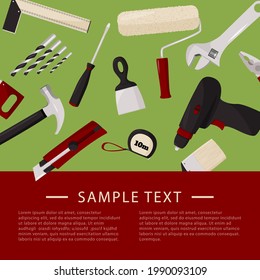 Design-Vorlage mit Handwerkzeugen für Werbung, Artikel. Farbige Vektorgrafik zum Thema Reparatur.