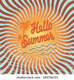 Design template Hello summer with palm tree imitation of the sun.Vintage.The text Hello,summer!Orange and blue spiral. Optical illusion.