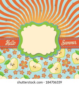 Design template Hello summer in retro style with apple.The text Hello,summer!Orange and blue bicolor spiral. Optical illusion.
