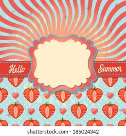 Design template Hello summer in retro style with strawberry,heart,polka dot,tape,text Hello,summer!
