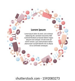 Design template with ice cream and candy elements. For use as desserts, information plate and posters
