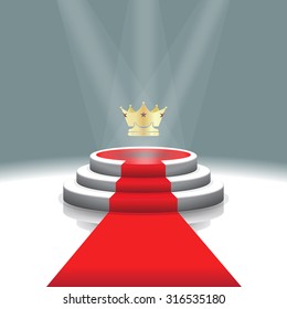 Design template: Illuminated stage podium with crown and red carpet for award ceremony,  Vector illustration