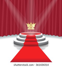 Design template: Illuminated stage podium with crown, red carpet and curtain background for award ceremony,  Vector illustration