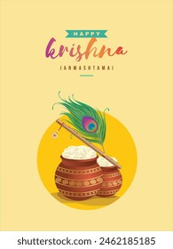 Design template with illustration of butter pot, peacock feather and flute for Hindu Festival Shree Krishna Janmashtami. vector illustration