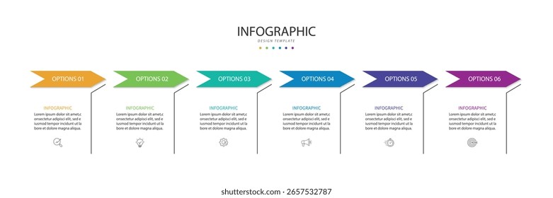 Design template infographic. 6 step process infographic element with icons can be used for workflow, business information and web graphic design