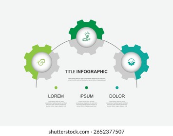 Elément infographique de template de conception. Diagramme en 3 étapes avec icônes et concept de rouages. Mise en page du workflow de processus chronologique 