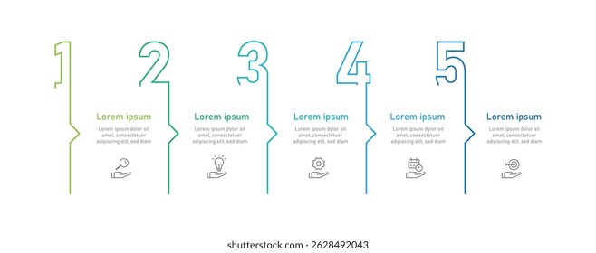 Infografik-Element der Entwurfsvorlage. 5-stufige Prozesslinie mit kreativem Zahlenmodell. Vektorgrafik für geschäftliche Informationen und Präsentationen.