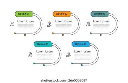 Elemento de infografía de Plantilla de diseño con concepto de 5 pasos e íconos adecuados para información comercial, flujo de trabajo, diseño, presentación de Anuncio.