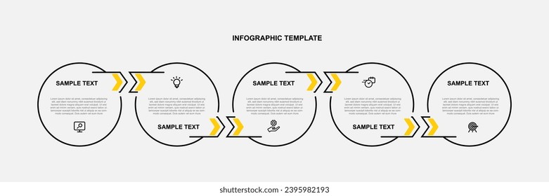 Erstellen Sie Infografik-Element der Vorlage mit Zeilenstil und Symbolen. Timeline-Prozess mit 5 Schritten für die Präsentation von Unternehmen und Informationsgrafik.
