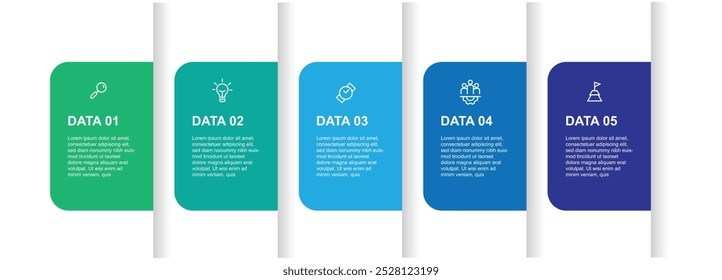 Designvorlagen-Infografik mit Symbolen und 5-Schritt-Prozesslayout für Workflow, Geschäftsinformationen und Präsentationen 