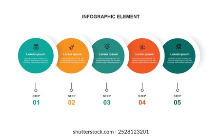 Designvorlagen-Infografik mit Symbolen und 5-Schritt-Prozesslayout für Workflow, Geschäftsinformationen und Präsentationen 