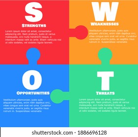 Design template for infographics.Layout for business.Four diagrams, steps, options, stages and parts.Presentation concept.Color puzzle pieces.SWOT analysis.