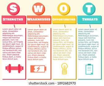 Design template for infographics.Layout for business.Four diagrams, steps, options, stages and parts.Presentation concept.Business icons.SWOT analysis.