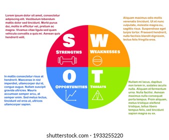 Design template for infographics.Layout for business.Four diagrams, steps, options, stages and parts.Presentation concept.Business icons.SWOT analysis.