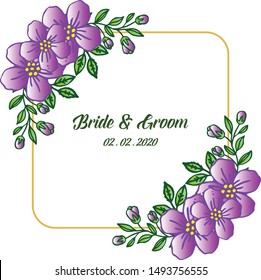 Design template for invitation card bride and groom in retro style purple flower frame. Vector