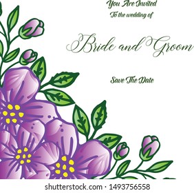 Design template for invitation card bride and groom in retro style purple flower frame. Vector