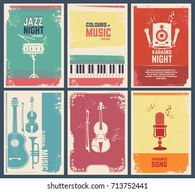 Design template of invitation cards with pictures of musical instruments. Vector music favourite song and party jazz festival banner illustration
