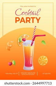 Um modelo de design para um convite para um coquetel. Tequila cocktail do nascer do sol em um copo, fatia laranja, cereja, raspado. O conceito de festa, feriado, aniversário. Ilustração vetorial em formato A4