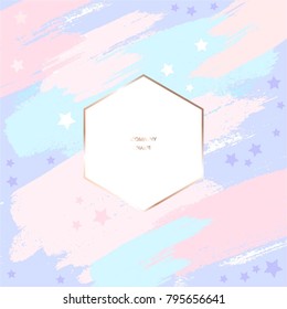 Design template. Invitation to a company event. Corporate card. Brush strokes in gentle pastel colors and stars.