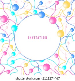 Design template of invitation. Thin colored smoothly curved lines, balls and round frame on a white background. Vector contrast abstract background.