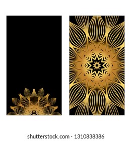 Design Template Invitations, Flyers For A Yoga Studio With Floral Mandala Pattern. Vector. Luxury black gold color.