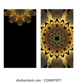 Design Template Invitations, Flyers For A Yoga Studio With Floral Mandala Pattern. Vector. Luxury black gold color.