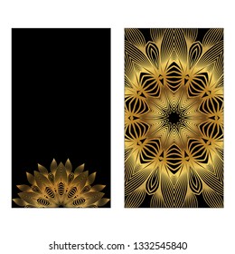 Design Template Invitations, Flyers For A Yoga Studio With Floral Mandala Pattern. Vector. Luxury black gold color.