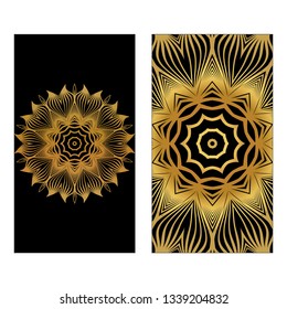 Design Template Invitations, Flyers For A Yoga Studio With Floral Mandala Pattern. Vector. Luxury black gold color.