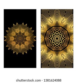 Design Template Invitations, Flyers For A Yoga Studio With Floral Mandala Pattern. Vector. Luxury black gold color.
