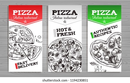 Design template for Italian restaurant. Cards with ink hand drawn pizzas on a wooden background. Vector illustration.