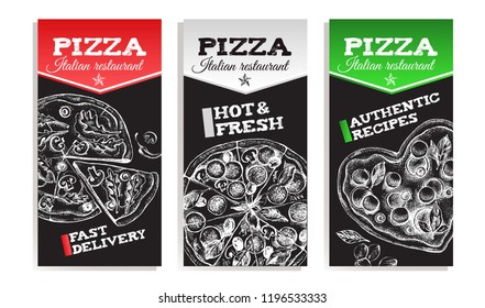 Design template for Italian restaurant. Cards with ink hand drawn pizzas. Vector illustration.