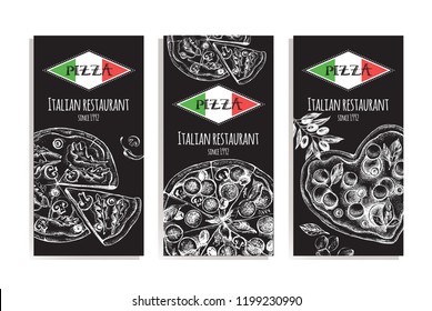 Design template for Italian restaurant. Cards with ink hand drawn pizzas. Vector illustration.