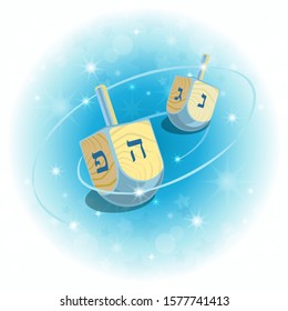 Design template for the Jewish holiday of Hanukkah with a traditional spinning wooden dreidel. Vector illustration.