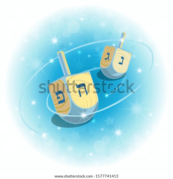 Design\
template for the Jewish holiday of Hanukkah with a traditional\
spinning wooden dreidel. Vector\
illustration.