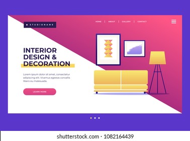 Design template for Landing Page. Homepage. Interior design and decoration concepts. Elements of home interior: sofa, floor lamp and paintings. Vector flat  illustration.