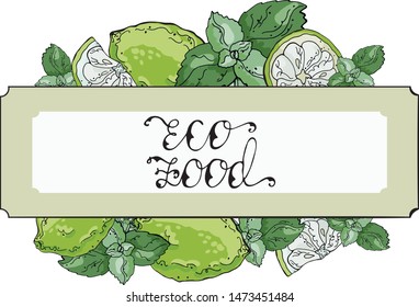 Design template with lime slices and mint leaves isolated on white with lettering. For print and custom  culinary design.