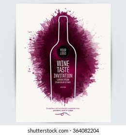 Design Template list, wine tasting or invitation. Illustration bottle of wine. Background with wine stains, expressive texture. Idea for your design. Vector