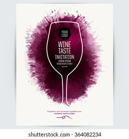 Design Template list, wine tasting or invitation. Illustration glass of wine. Background with wine stains, expressive texture. Idea for your design. Vector