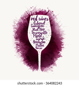 Design Template list, wine tasting or invitation. Illustration glass of wine. Background with wine stains, expressive texture. Idea for your design. Vector