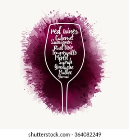 Design Template list, wine tasting or invitation. Illustration glass of wine. Background with wine stains, expressive texture. Idea for your design. Vector
