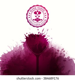 Design template list, wine tasting, invitation or cover. Illustration glass of wine. Background with wine stains, expressive texture. Idea for your design. Vector