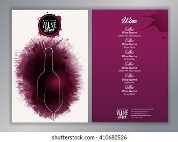 Design Template list, wine tasting or invitation. illustration glass and bottle of wine. Background with wine stains, expressive texture. Idea for your design. Vector