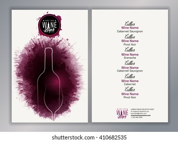 Design Template list, wine tasting or invitation. illustration glass and bottle of wine. Background with wine stains, expressive texture. Idea for your design. Vector