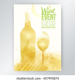 Design template list, wine tasting or invitation. illustration glass and bottle of wine. Background with wine stains, expressive texture. Idea for your design. Vector