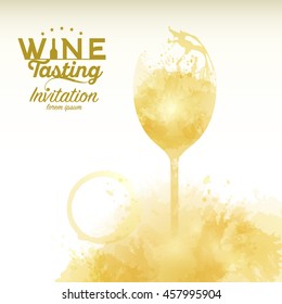 Design template list, wine tasting or invitation. Illustration glass of wine. Background with wine stains, expressive texture. Idea for your design. Vector