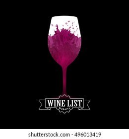 Design Template list, wine tasting or invitation. Illustration glass of wine. Background with wine stains, expressive texture. Idea for your design. Vector