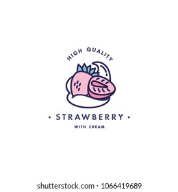 Design template logo and emblem - taste and liquid for vape - strawberry with cream. Logo in trendy linear style