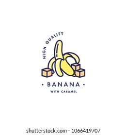 Design template logo and emblem - taste and liquid for vape - banana with caramel. Logo in trendy linear style